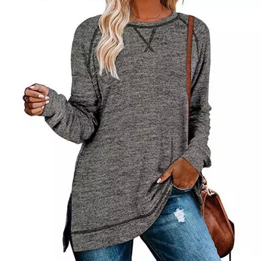Women's Fall Long Sleeve Side Split Loose Casual Pullover Tunic Tops Women's Clothing Gray S - DailySale