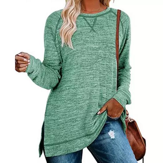 Women's Fall Long Sleeve Side Split Loose Casual Pullover Tunic Tops Women's Clothing Green S - DailySale