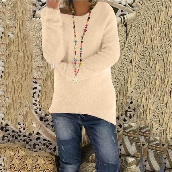 Women's Fashion Autumn and Winter Long Sleeve Knitted Sweaters Solid Color Warm Pullover Tops Women's Tops Beige S - DailySale