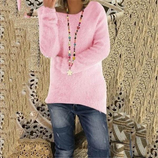 Women's Fashion Autumn and Winter Long Sleeve Knitted Sweaters Solid Color Warm Pullover Tops Women's Tops Rose Pink S - DailySale