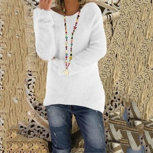 Women's Fashion Autumn and Winter Long Sleeve Knitted Sweaters Solid Color Warm Pullover Tops Women's Tops White S - DailySale