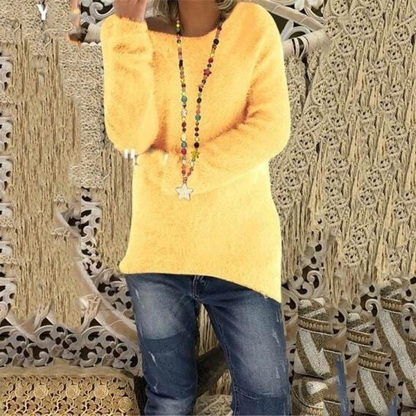 Women's Fashion Autumn and Winter Long Sleeve Knitted Sweaters Solid Color Warm Pullover Tops Women's Tops Yellow S - DailySale