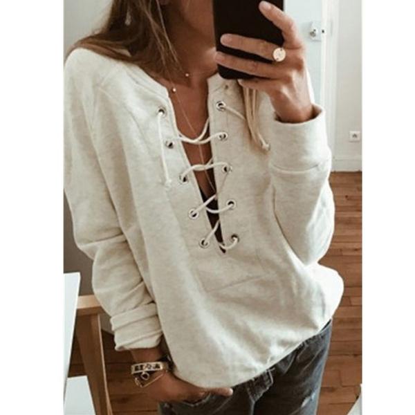 Women's Fashion Lace Up Deep V-neck Casual Long Sleeves Women's Tops Beige S - DailySale