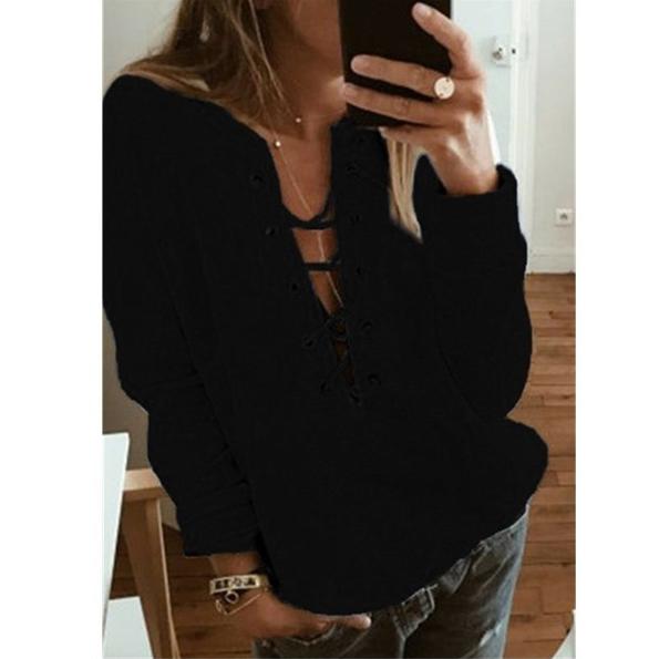 Women's Fashion Lace Up Deep V-neck Casual Long Sleeves Women's Tops Black S - DailySale