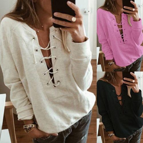 Women's Fashion Lace Up Deep V-neck Casual Long Sleeves Women's Tops - DailySale