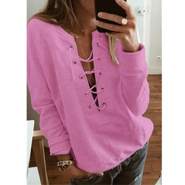 Women's Fashion Lace Up Deep V-neck Casual Long Sleeves Women's Tops Pink S - DailySale