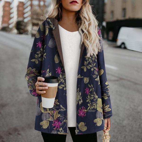 Women's Fashion Leaves Floral Print Fluffy Fur Hooded Long Sleeve Vintage Casual Coat Women's Outerwear - DailySale
