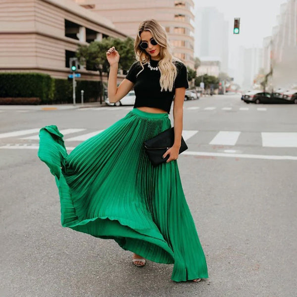 Women's Fashion Long Summer Swing Pleated Skirt Women's Bottoms Green S - DailySale