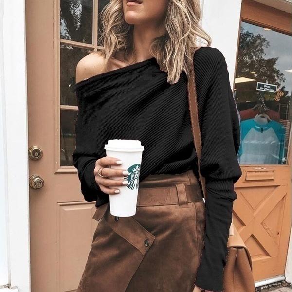 Women's Fashion Off Shoulder Long Sleeve Sweater Casual Long Sleeved Sweatshirt Top Women's Tops Black S - DailySale