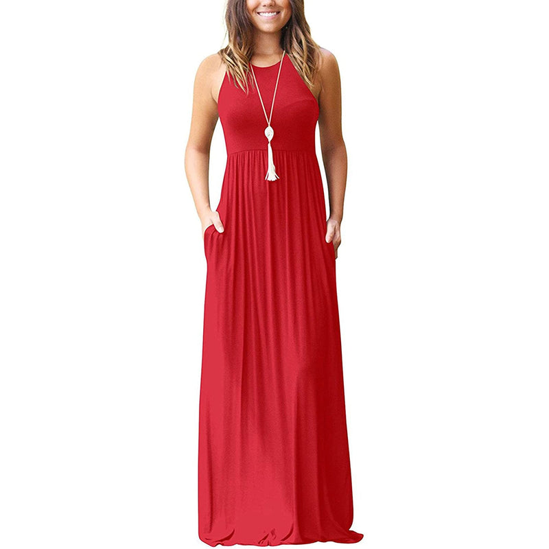Women's Fashion Summer Sleeveless Racerback Loose Plain Maxi Dresses Women's Dresses Red S - DailySale