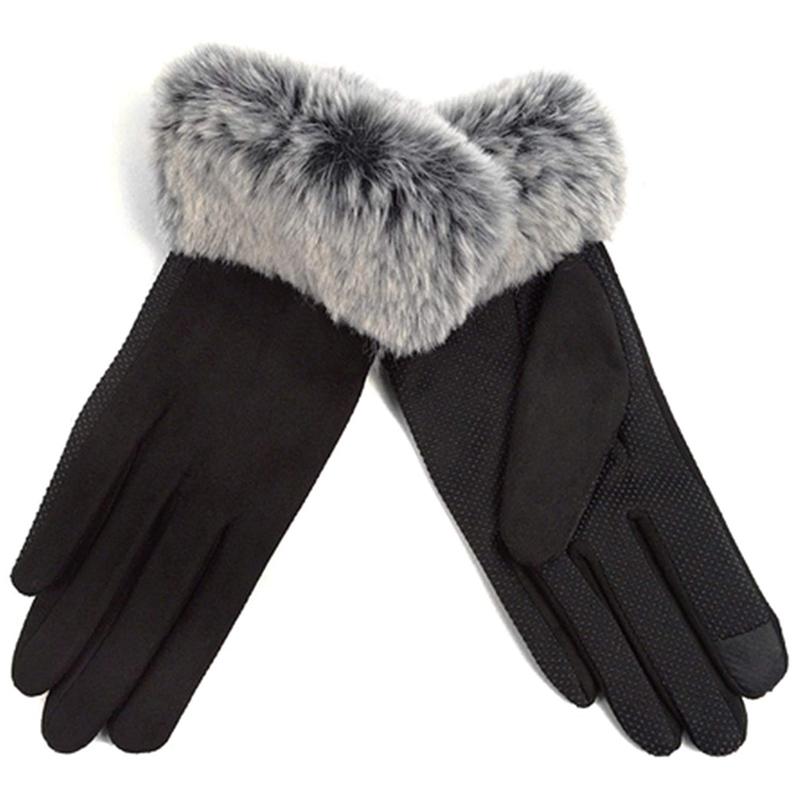 Women's Faux-Fur Cuff Touch-Screen Gloves with Non-Slip Grip Women's Apparel Black - DailySale