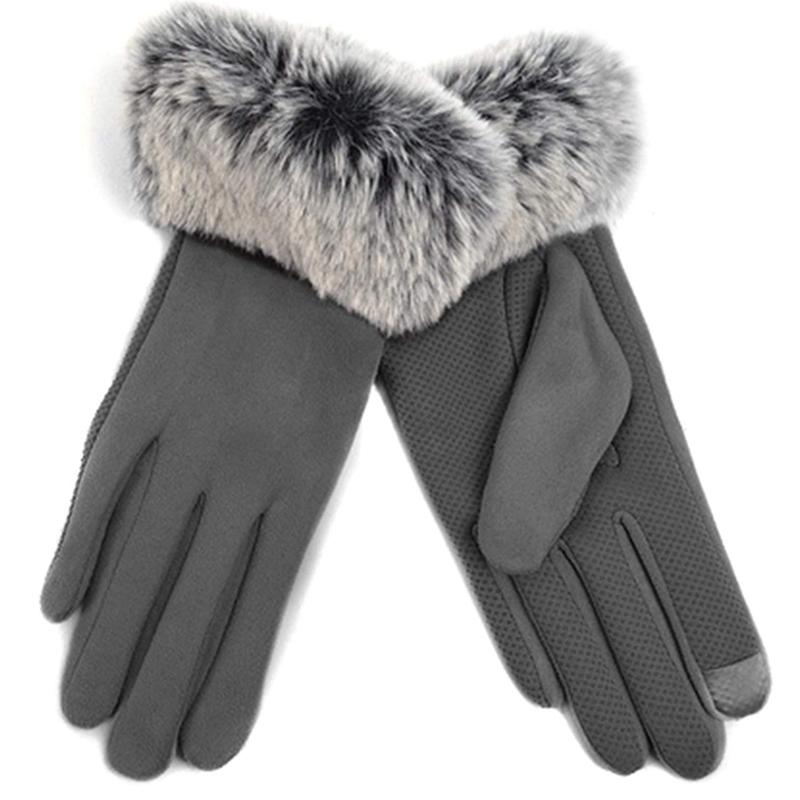 Women's Faux-Fur Cuff Touch-Screen Gloves with Non-Slip Grip Women's Apparel Gray - DailySale