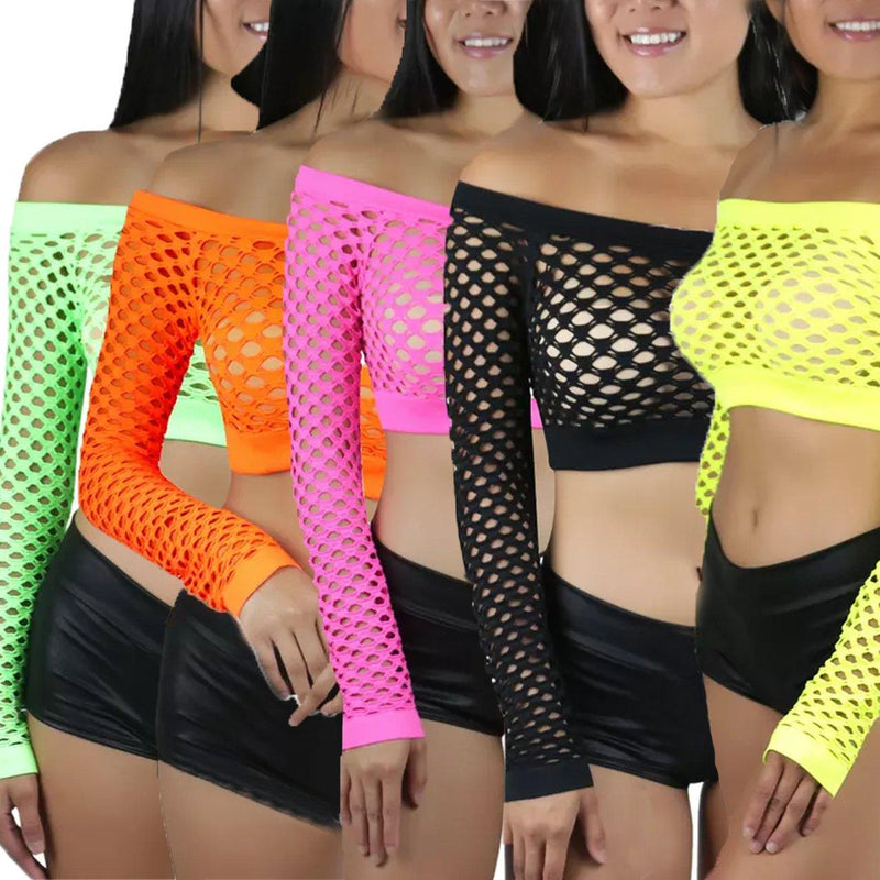 Women's Fishnet Long Sleeve Rave Novelty Party Crop Top Women's Clothing - DailySale