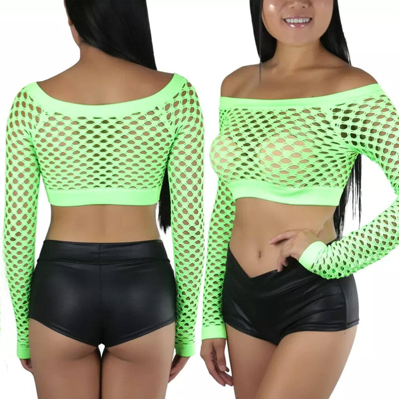 Women's Fishnet Long Sleeve Rave Novelty Party Crop Top Women's Clothing Green - DailySale