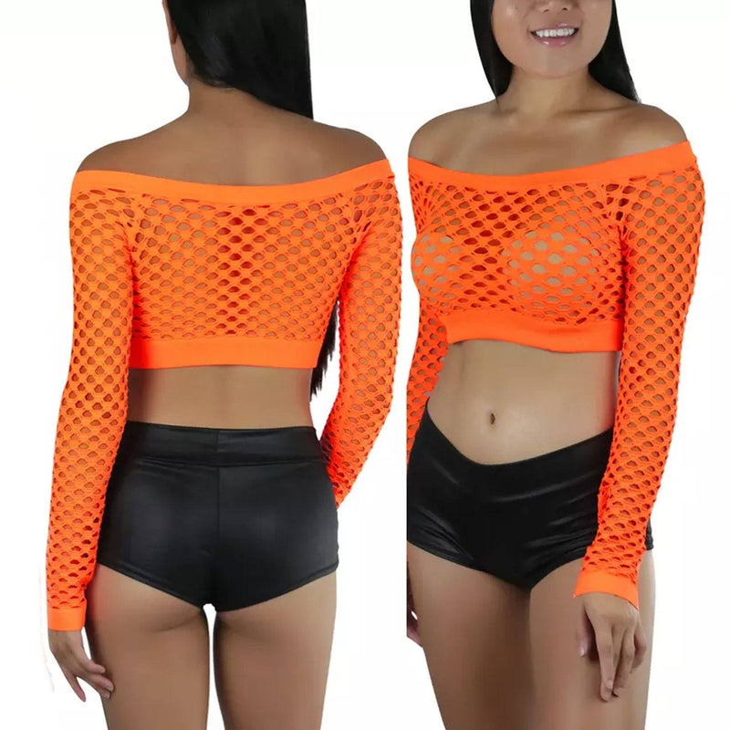 Women's Fishnet Long Sleeve Rave Novelty Party Crop Top Women's Clothing Orange - DailySale