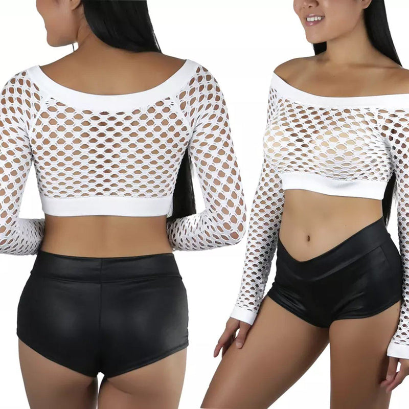 Women's Fishnet Long Sleeve Rave Novelty Party Crop Top Women's Clothing White - DailySale