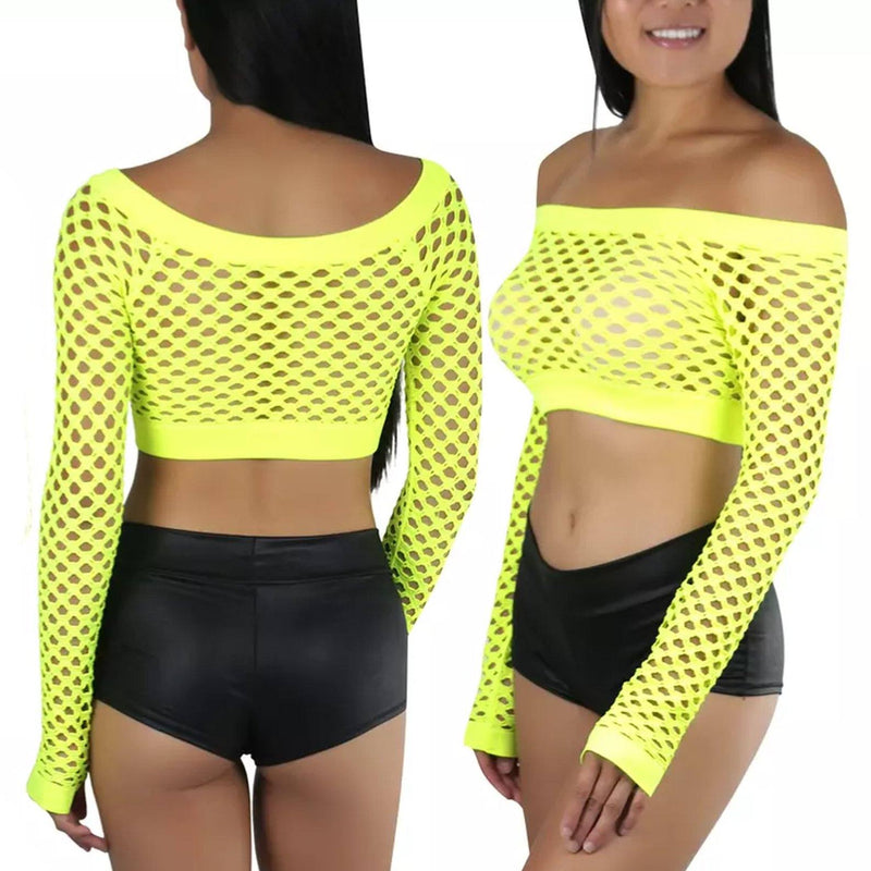 Women's Fishnet Long Sleeve Rave Novelty Party Crop Top Women's Clothing Yellow - DailySale