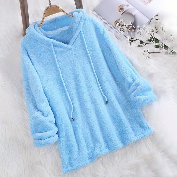 Women's Fleece Hoodie Solid Color Long Sleeve Sweatshirt Women's Outerwear Blue S - DailySale