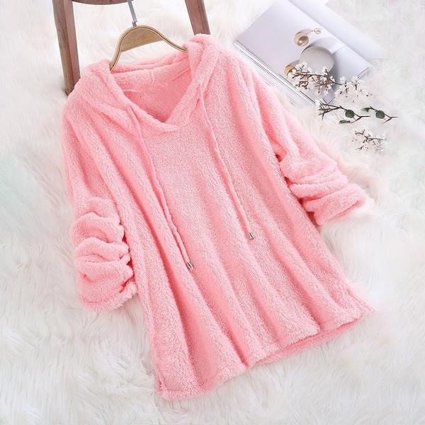 Women's Fleece Hoodie Solid Color Long Sleeve Sweatshirt Women's Outerwear Pink S - DailySale