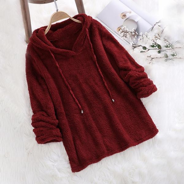 Women's Fleece Hoodie Solid Color Long Sleeve Sweatshirt Women's Outerwear Wine Red S - DailySale