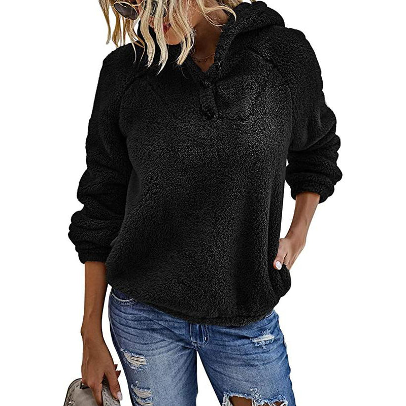 Women’s Fleece Long Sleeves Shaggy Fuzzy Pullover Hoodie Women's Tops Black S - DailySale