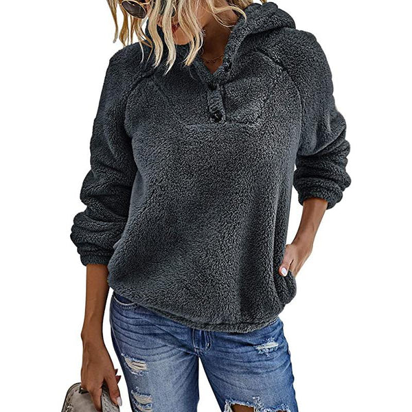 Women’s Fleece Long Sleeves Shaggy Fuzzy Pullover Hoodie Women's Tops Gray S - DailySale