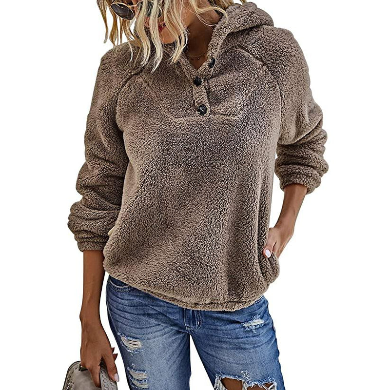 Women’s Fleece Long Sleeves Shaggy Fuzzy Pullover Hoodie Women's Tops Khaki S - DailySale