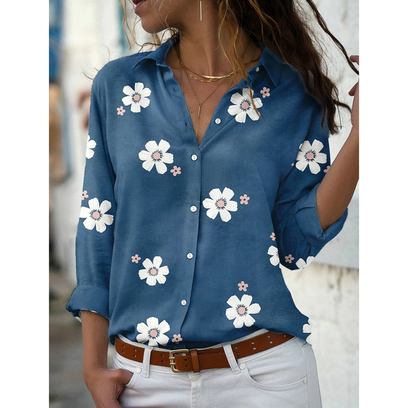 Women's Floral Button Themed Shirt Top Women's Tops Blue S - DailySale