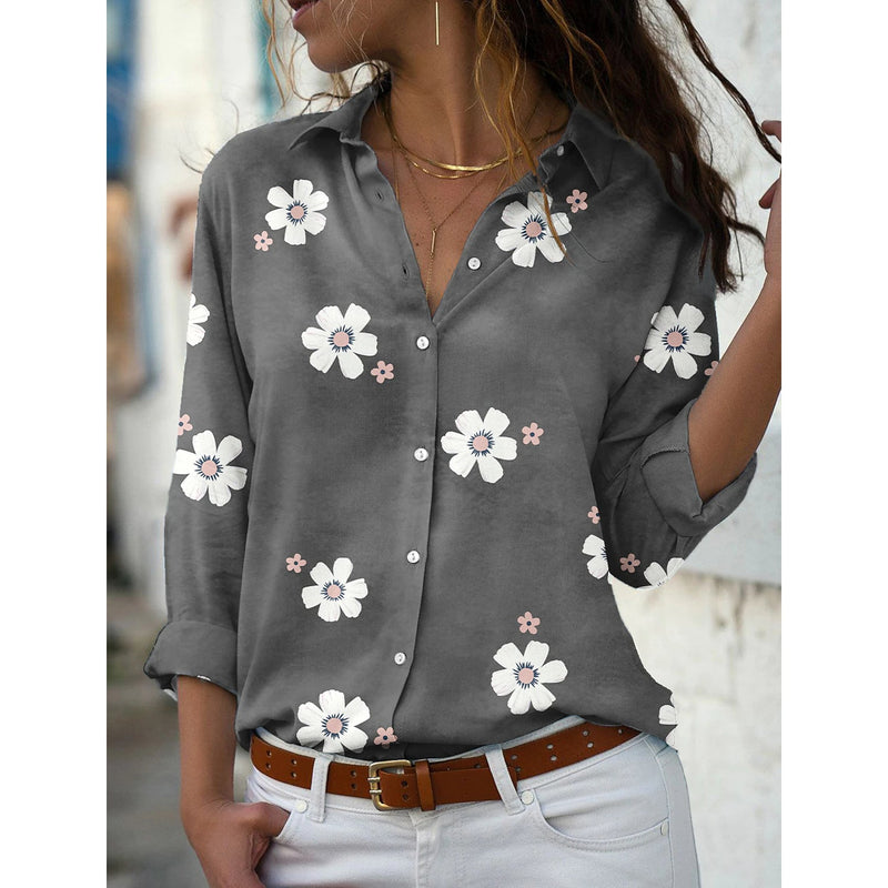 Women's Floral Button Themed Shirt Top Women's Tops Gray S - DailySale