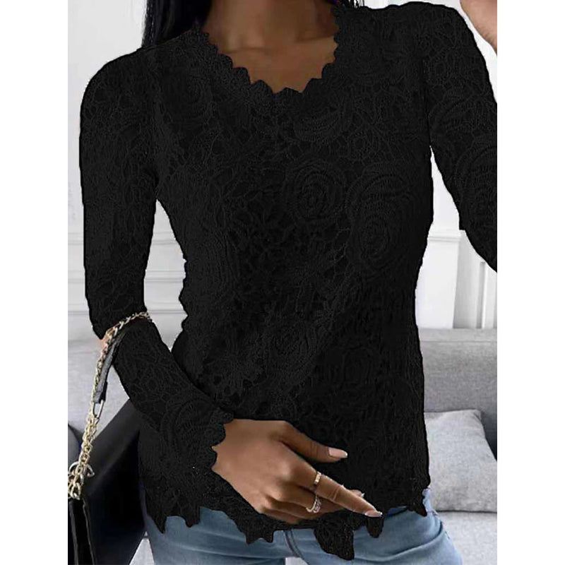 Women's Floral Lace Long Sleeve Blouse Shirt Women's Tops Black S - DailySale