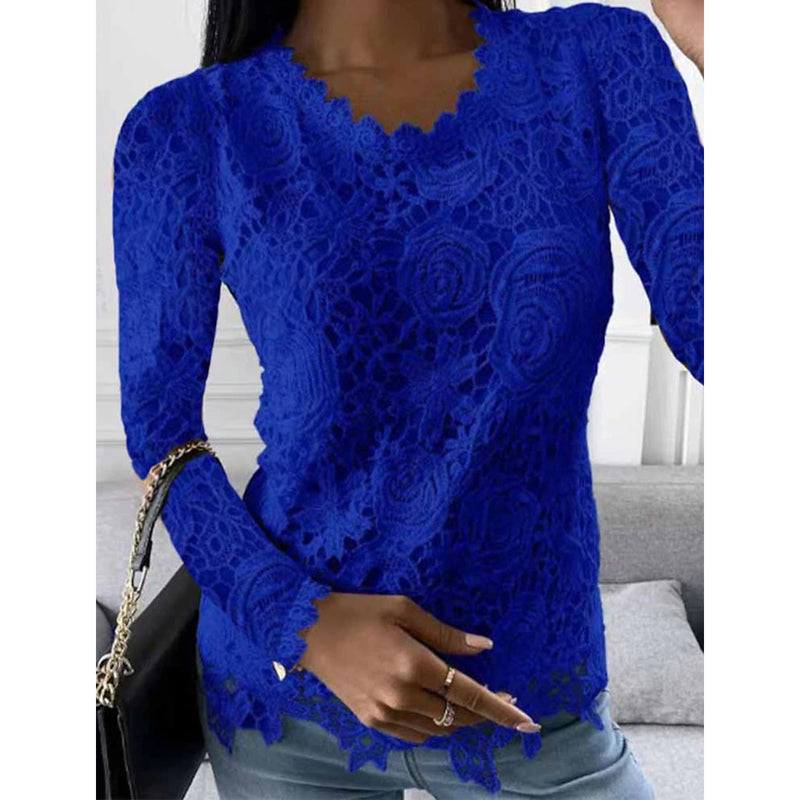 Women's Floral Lace Long Sleeve Blouse Shirt Women's Tops Blue S - DailySale