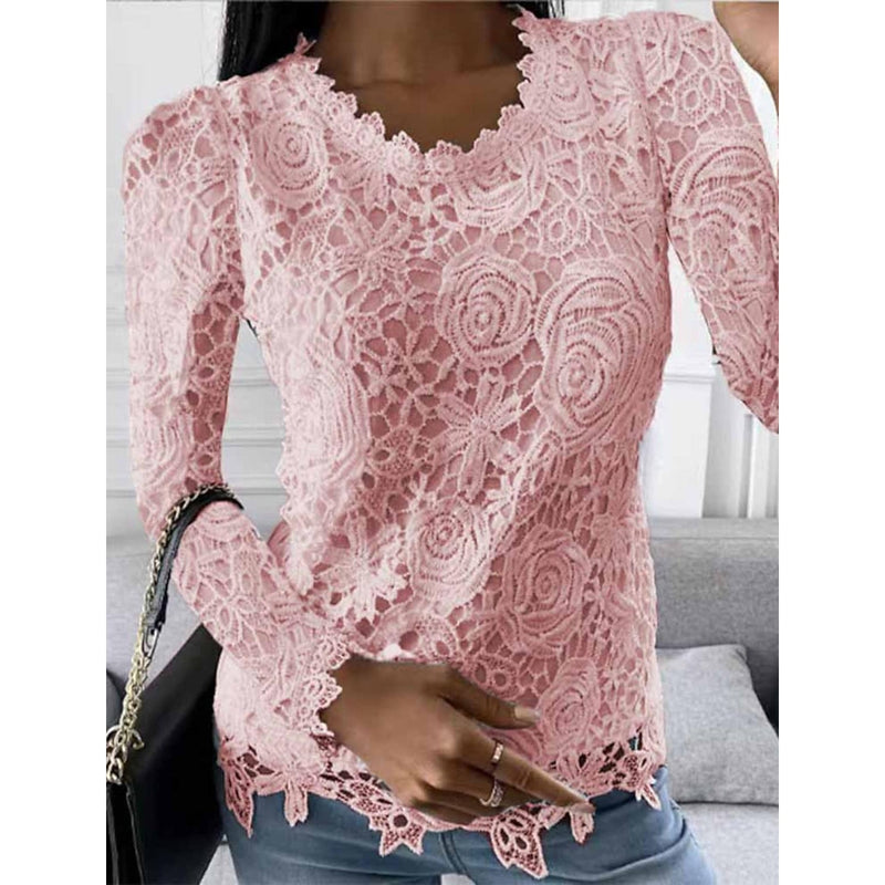 Women's Floral Lace Long Sleeve Blouse Shirt Women's Tops Pink S - DailySale