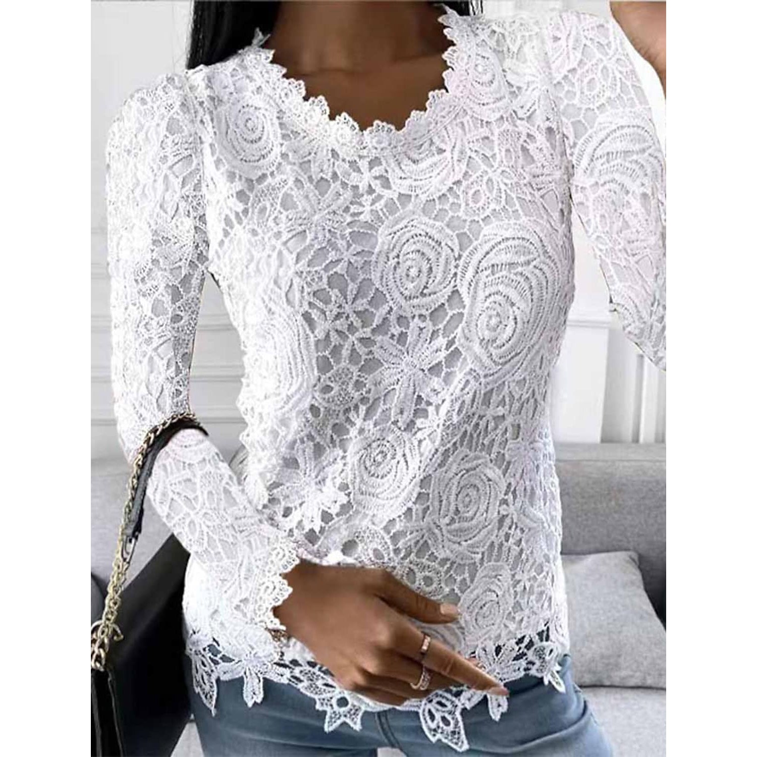 Women's Floral Lace Long Sleeve Blouse Shirt Women's Tops White S - DailySale