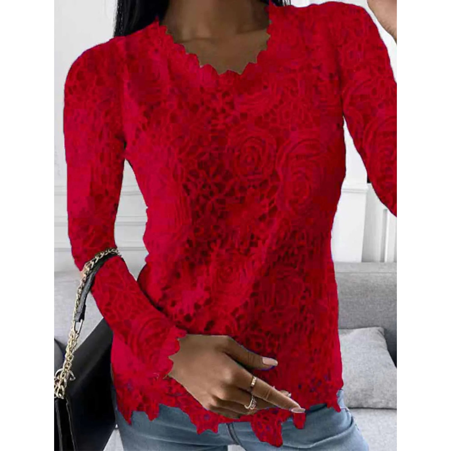 Women's Floral Lace Long Sleeve Blouse Shirt Women's Tops Wine S - DailySale