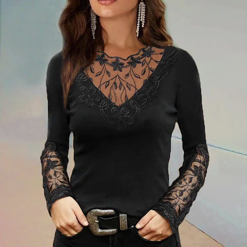 Women's Floral Lace Long Sleeve Top Women's Tops Black S - DailySale