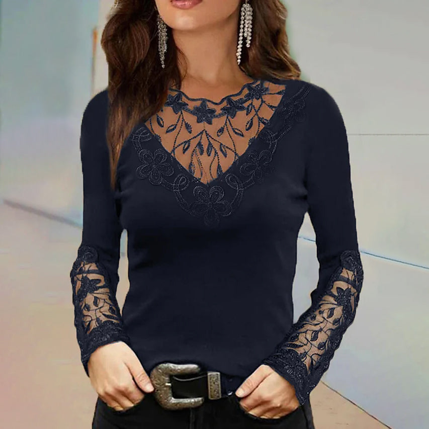 Women's Floral Lace Long Sleeve Top Women's Tops Navy Blue S - DailySale