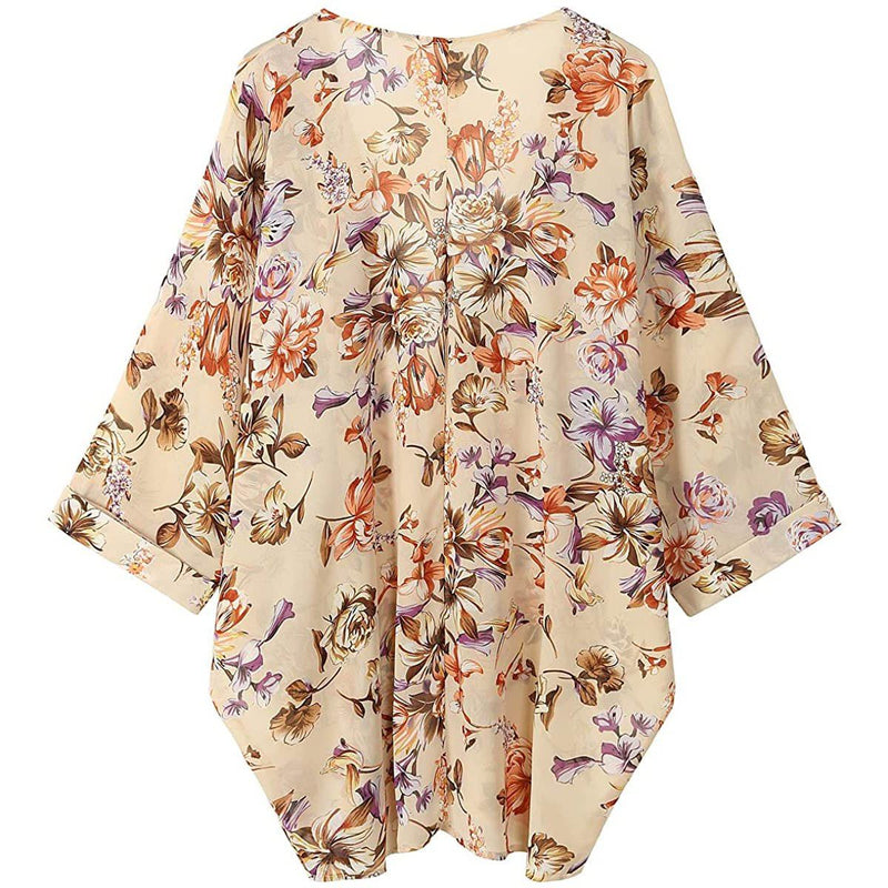 Women's Floral Print Sheer Chiffon Loose Kimono Cardigan Capes