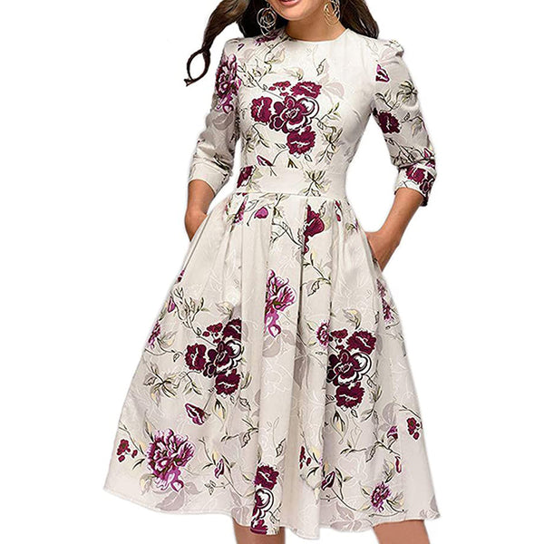 Women's Floral Vintage Dress Women's Dresses Beige S - DailySale