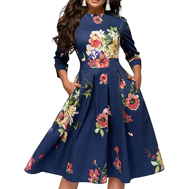 Women's Floral Vintage Dress Women's Dresses Blue S - DailySale