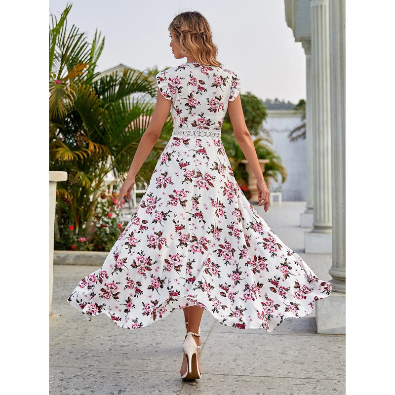 Women's Full Body Floral Print High Low Hem A-Line Dress