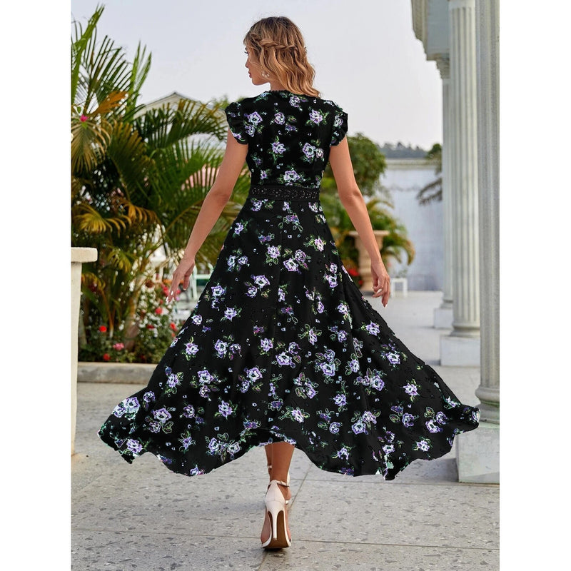 Women's Full Body Floral Print High Low Hem A-Line Dress