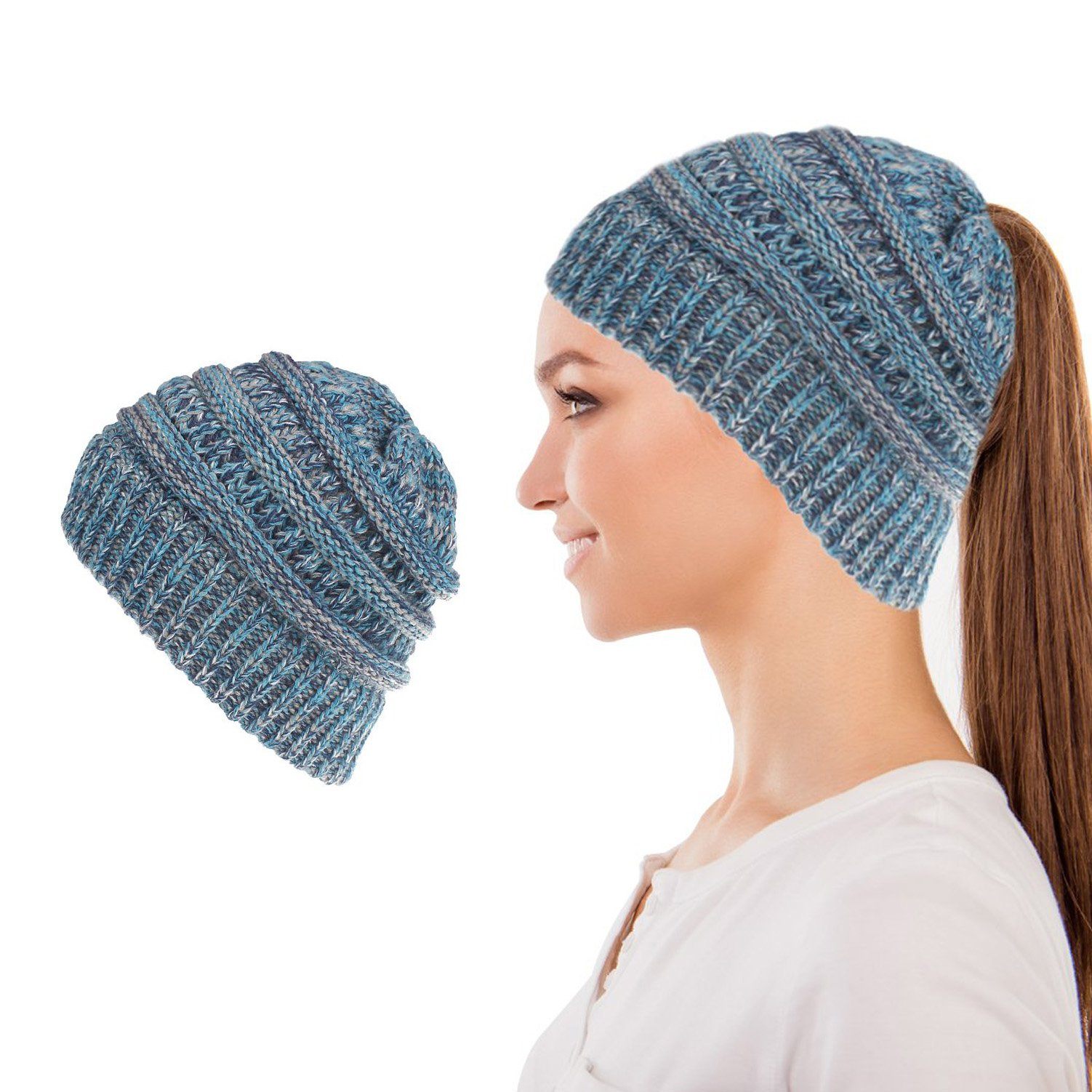 Women's Fun Warm Winter Ponytail Beanie Hat Cap Women's Shoes & Accessories Blue - DailySale