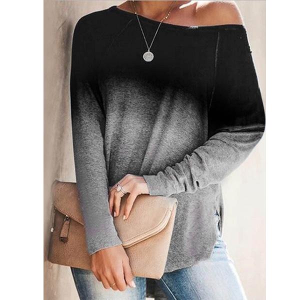 Womens Gradient Color O-neck Long Sleeves Women's Tops Black S - DailySale