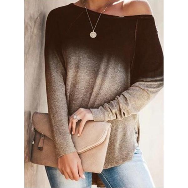 Womens Gradient Color O-neck Long Sleeves Women's Tops Coffee S - DailySale