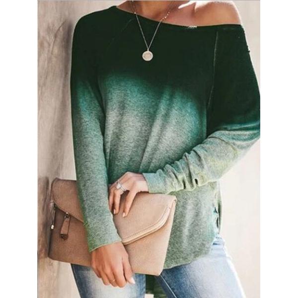 Womens Gradient Color O-neck Long Sleeves Women's Tops Green S - DailySale