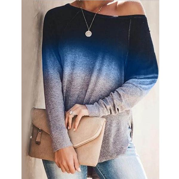 Womens Gradient Color O-neck Long Sleeves Women's Tops Navy Blue S - DailySale