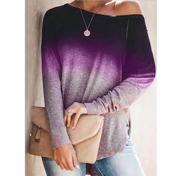 Womens Gradient Color O-neck Long Sleeves Women's Tops Purple S - DailySale