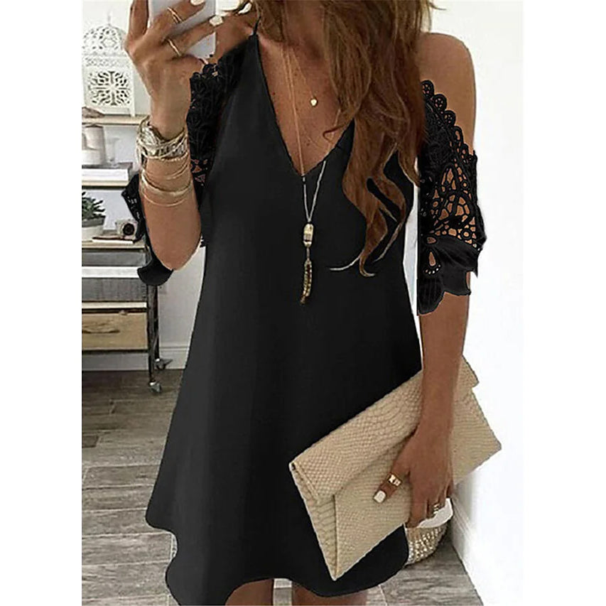 Women's Half Sleeve Solid Cutout Shift Dress Women's Dresses Black S - DailySale