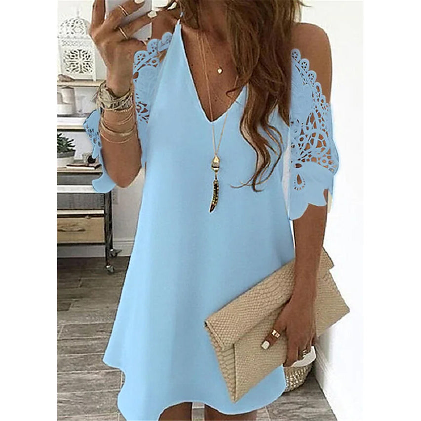 Women's Half Sleeve Solid Cutout Shift Dress Women's Dresses Light Blue S - DailySale