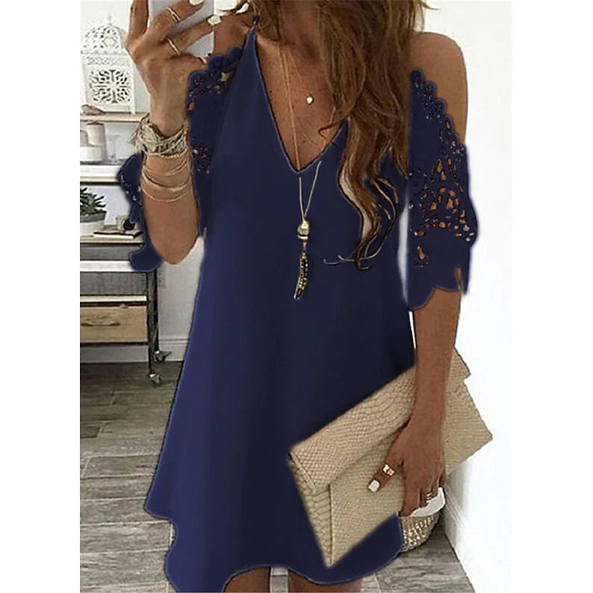 Women's Half Sleeve Solid Cutout Shift Dress Women's Dresses Navy S - DailySale